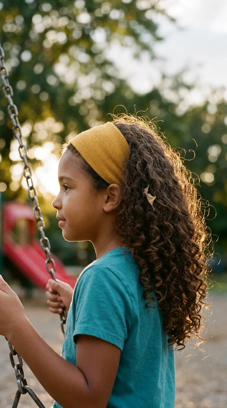 Side profile of a mixed girl with a wide knit headband and big curly hair at a park