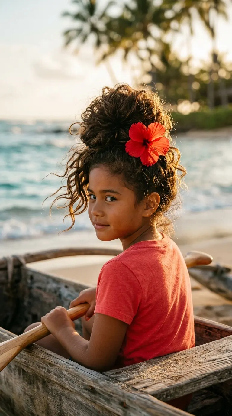Over the shoulder view of a Pacific Islander girl with a messy curly top bun and a red hibiscus clip on a beach