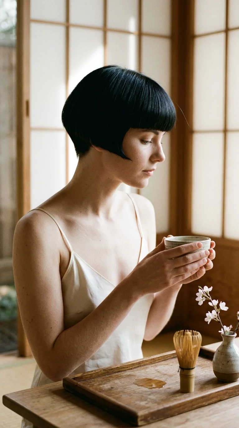 Three quarter front view of a sleek black modern bowl cut with soft edges