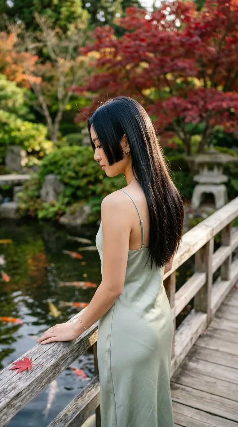 Long sleek black hime cut with soft side tiers seen from behind in garden