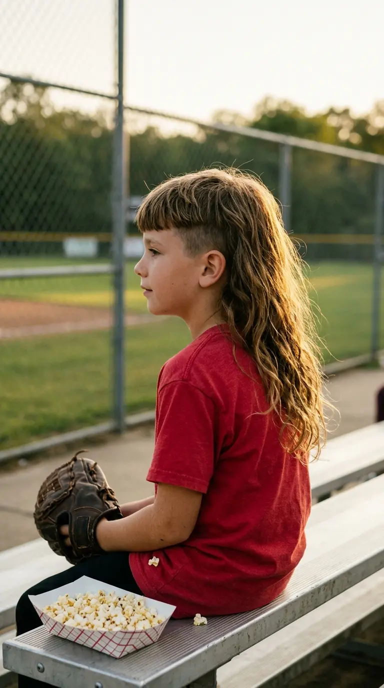 Side profile of a boy with a long mullet and short tapered sides