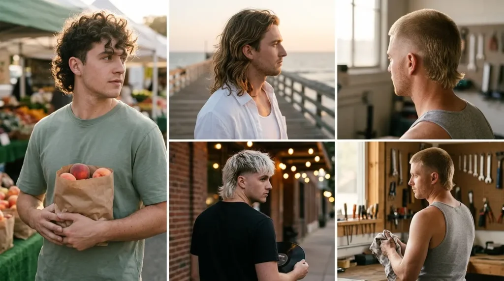 Portrait collage of four modern mullet men haircuts shown in side and three quarter views