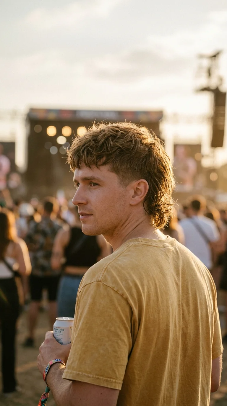 Over the shoulder view of a man with a modern mullet and tapered sides