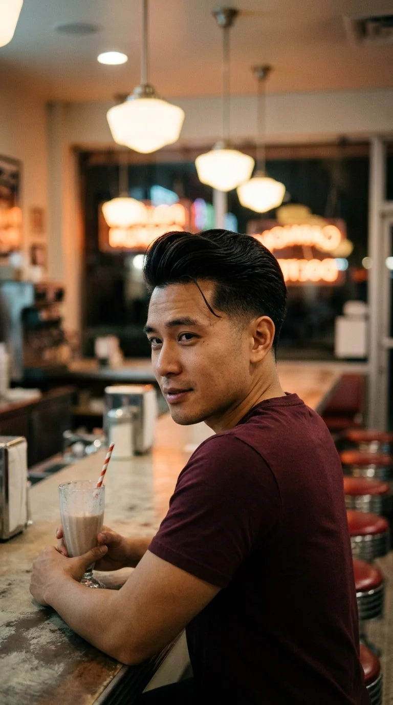 Over the shoulder view of a man with a modern matte pompadour