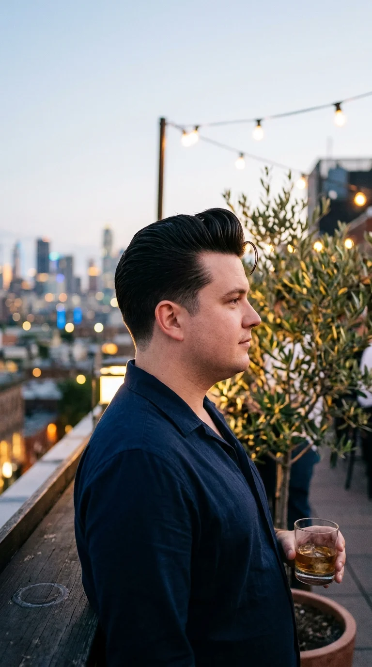 Side profile of a modern pompadour with tight tapered sides at a rooftop bar