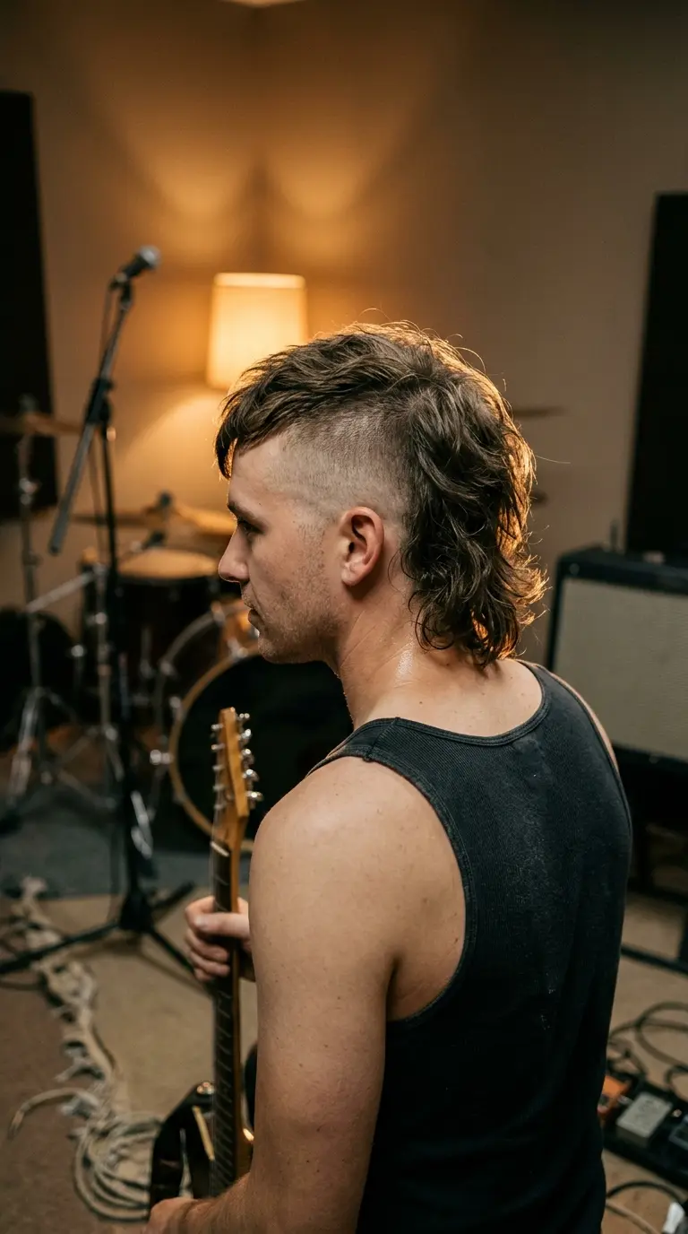Three quarter back view of a mohawk mullet with high faded sides