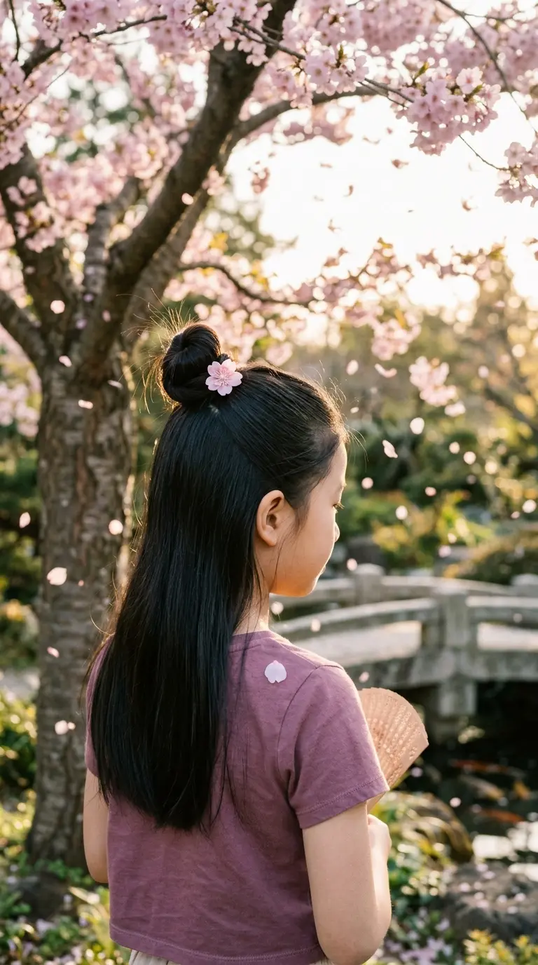 Three quarter back view of an East Asian girl with a half up top knot and a pink flower comb in a garden