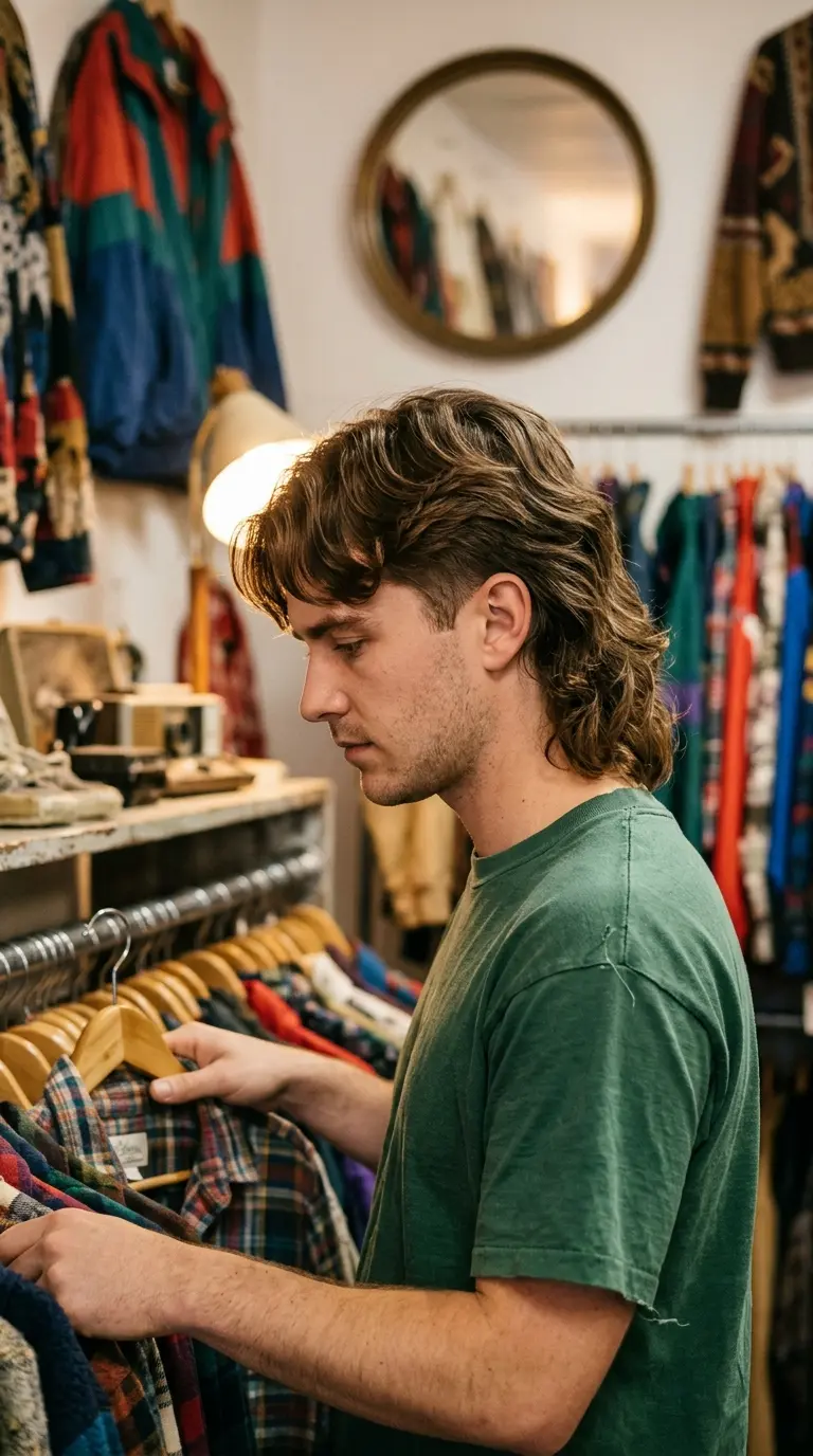 Side profile of a mullet with center parted curtain bangs in a vintage shop