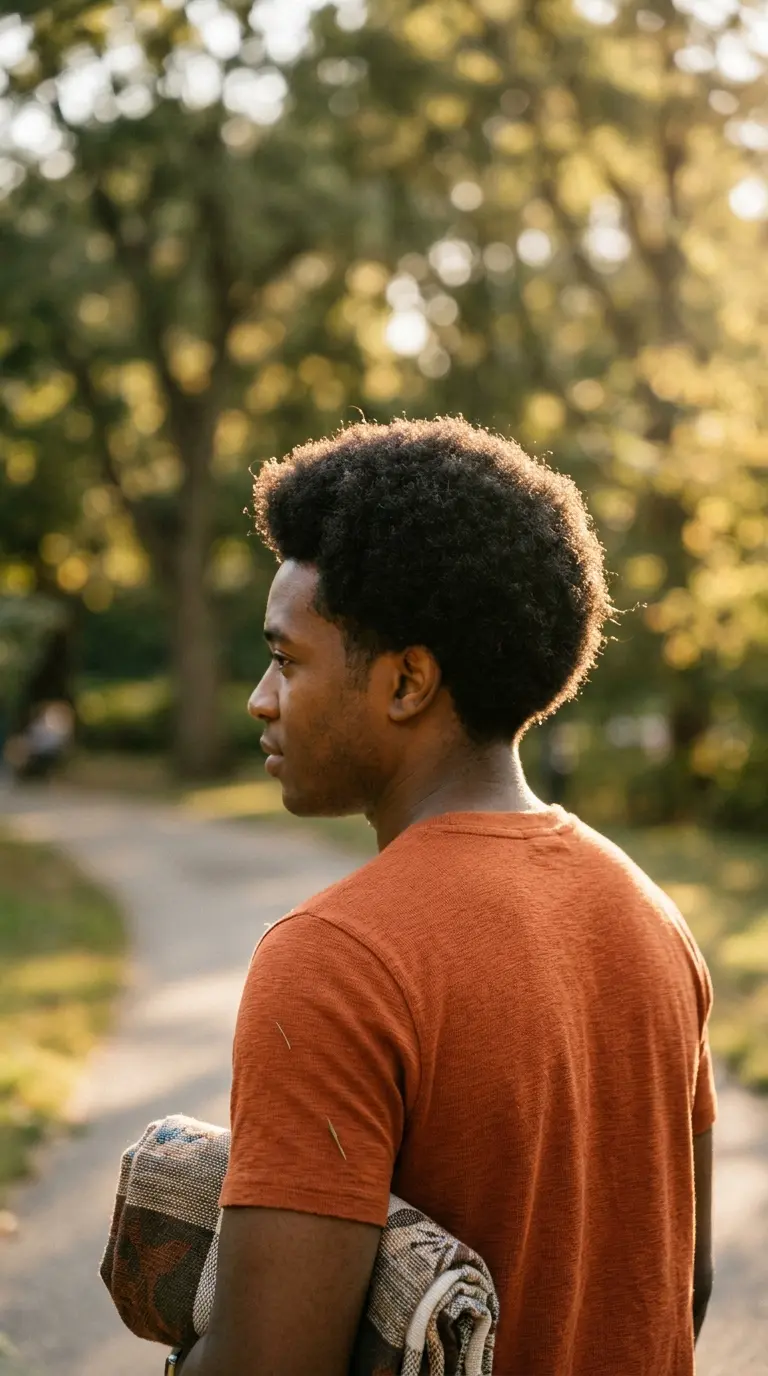 Three quarter back view of a Black man with a rounded natural afro and a temple taper