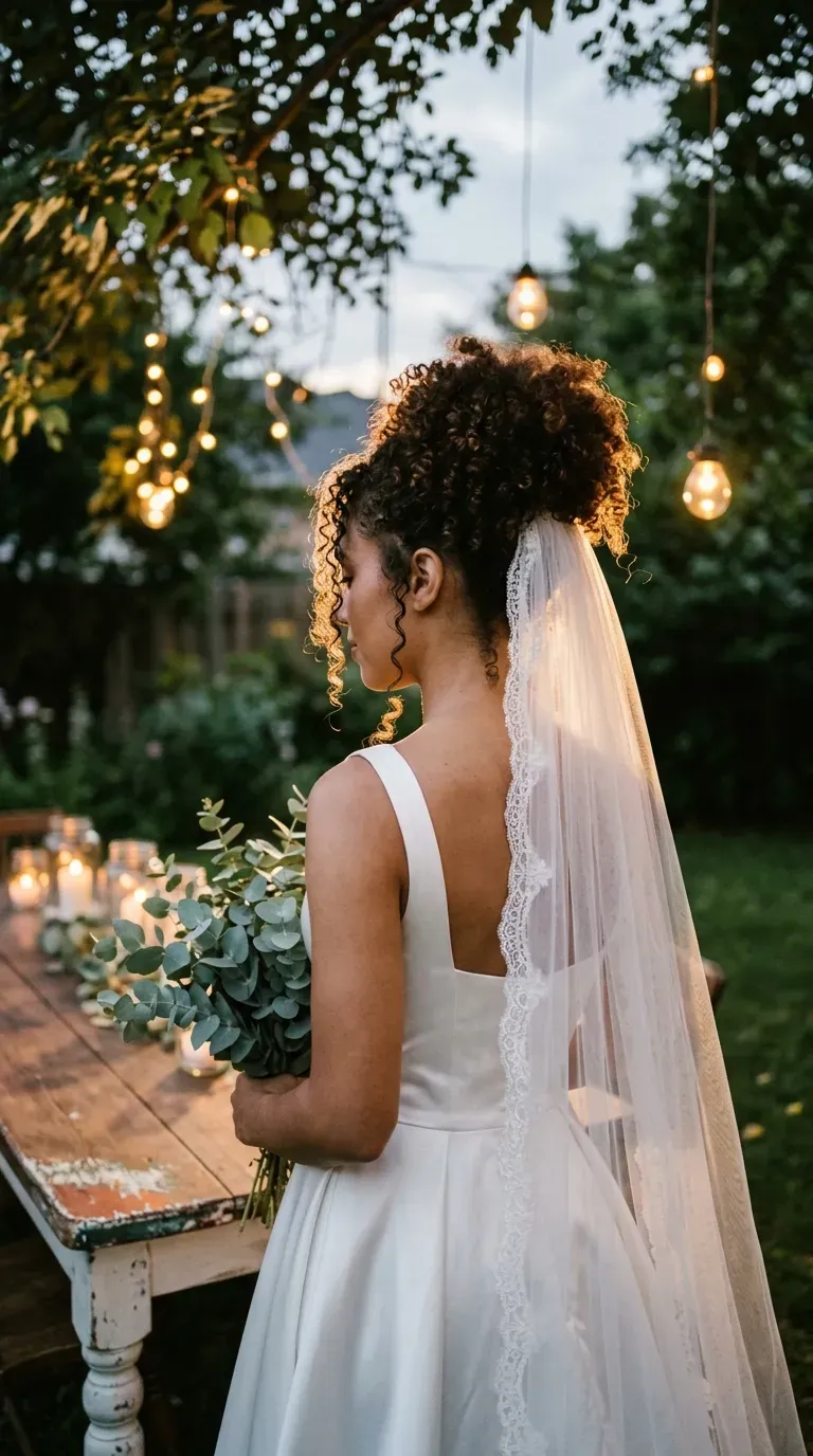 Three quarter back view of a natural curl puff with a long veil