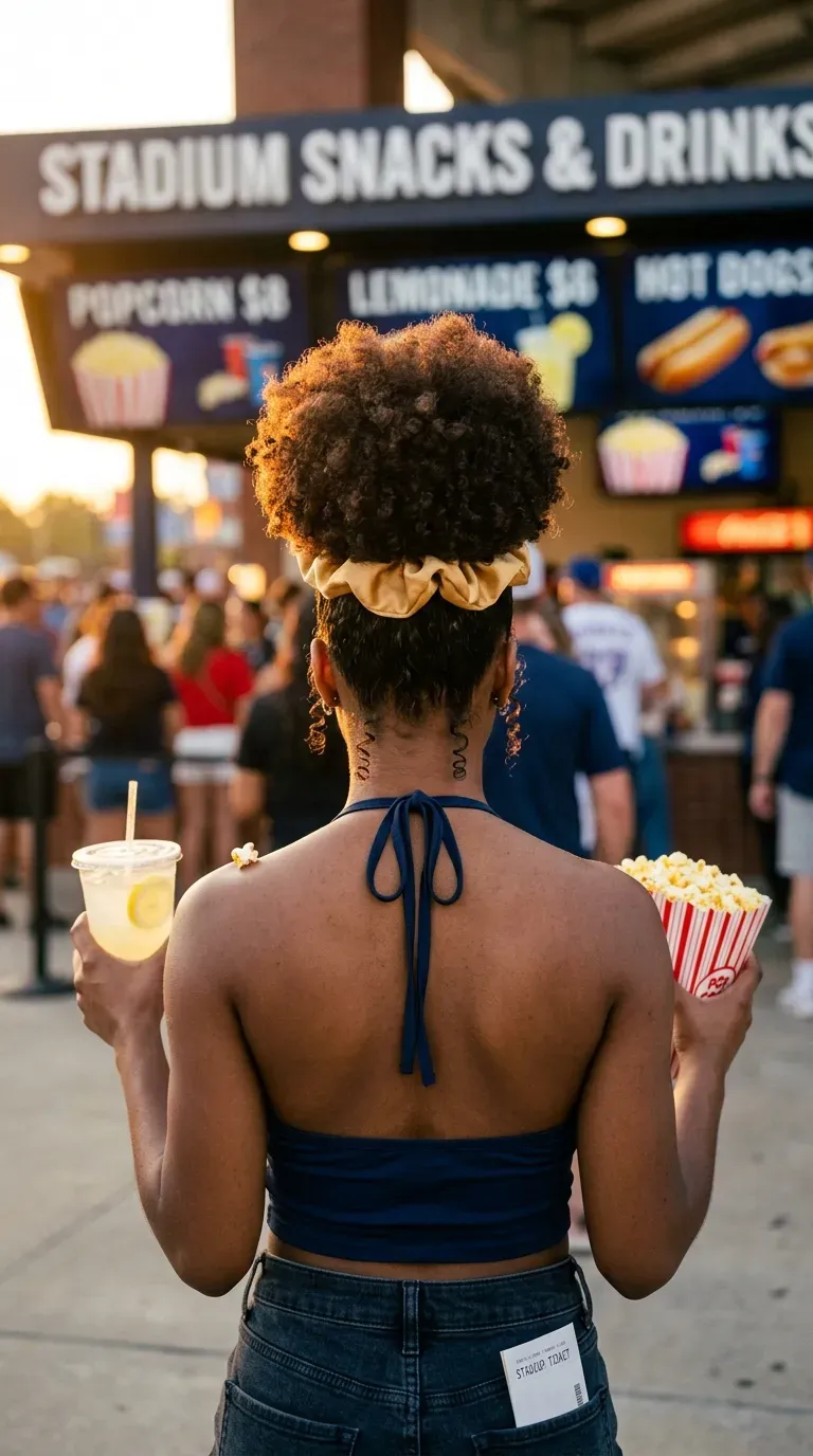 High natural hair puff with a team color scrunchie near a concession stand