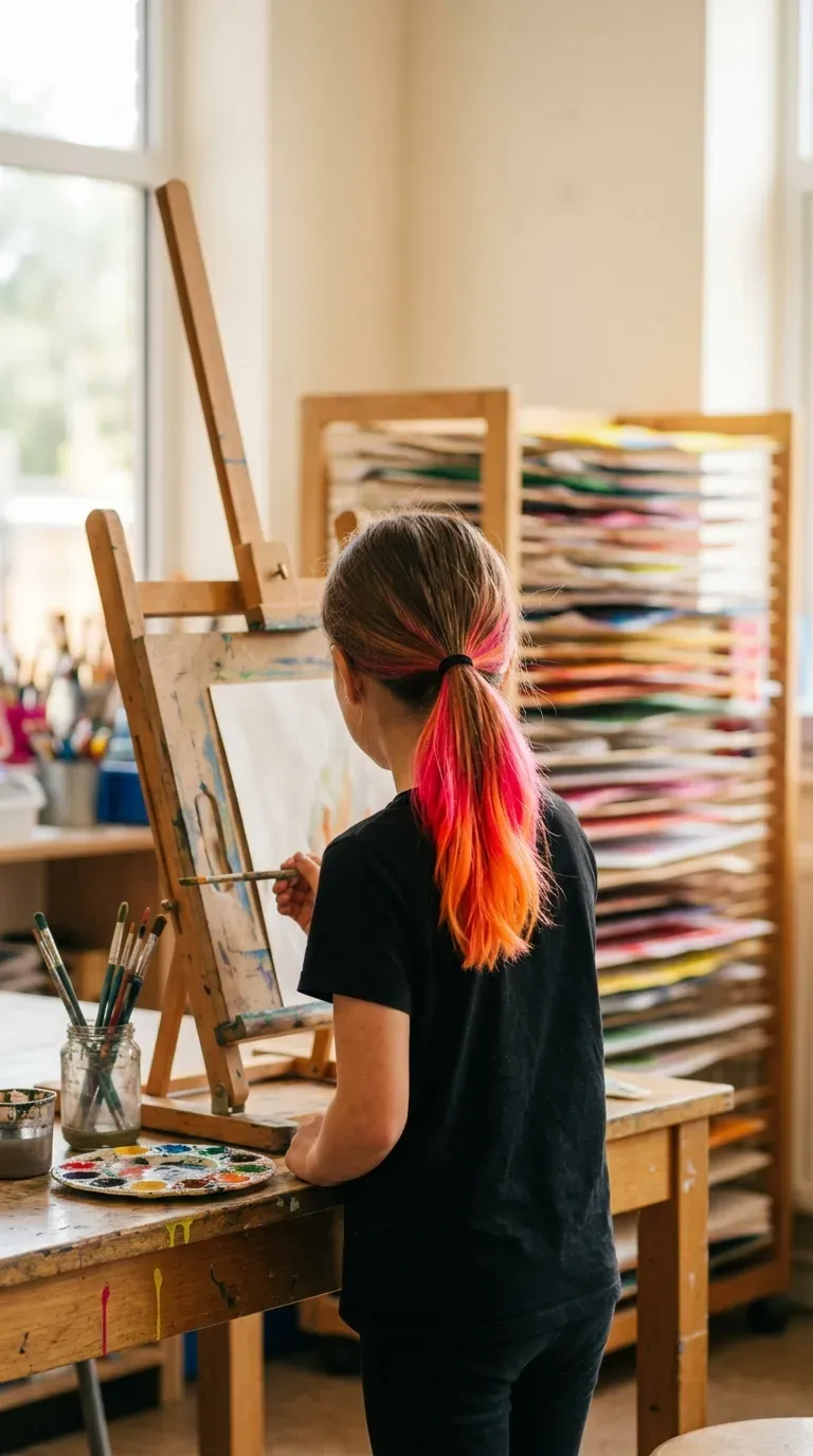 Brown ponytail with neon pink and orange sprayed ends in an art room