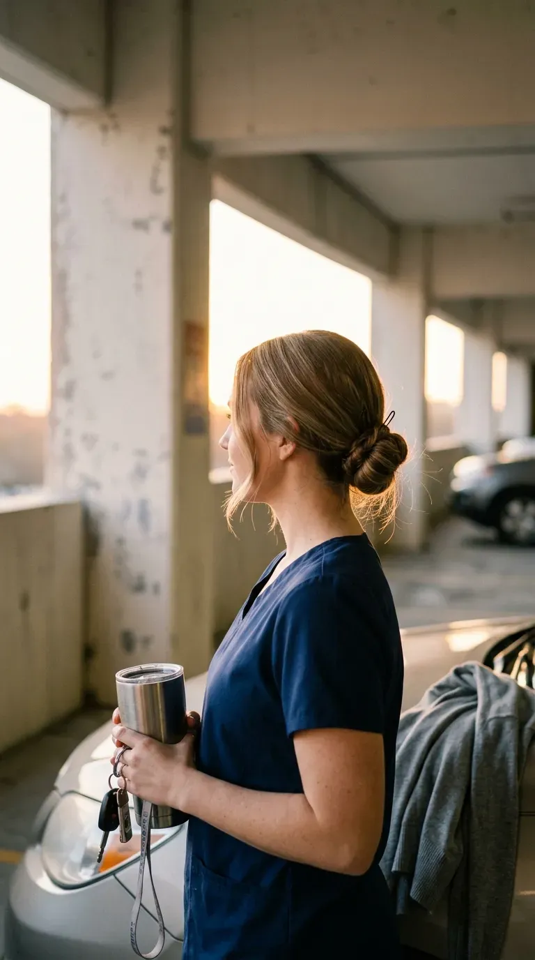 Three quarter view of a nurse with a low twisted bun in a parking garage