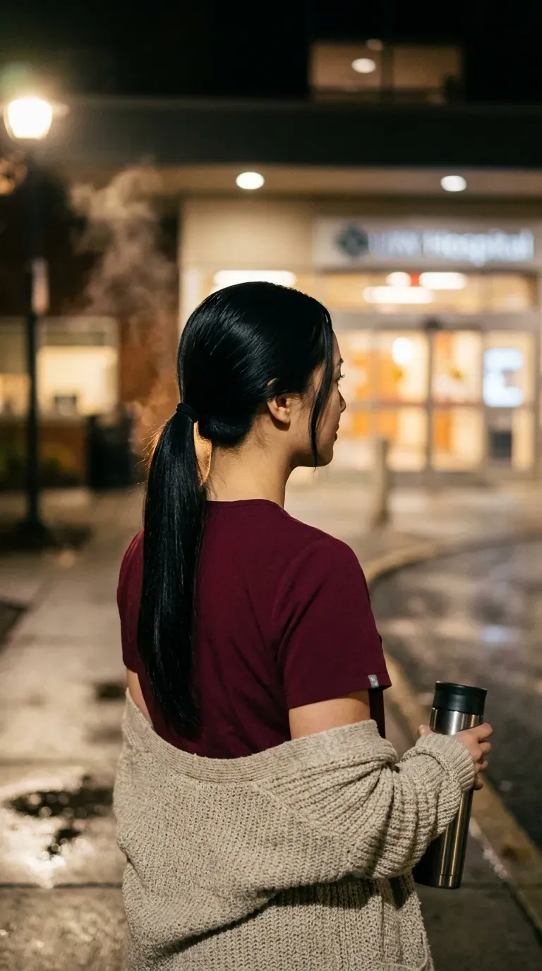 Three quarter back view of a sleek low ponytail outside a hospital entrance at night