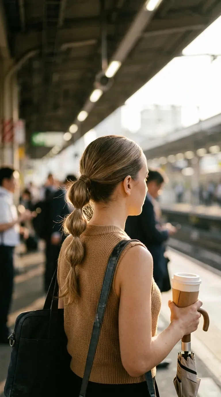 Office hairstyles for long hair, a three quarter back view of a bubble ponytail