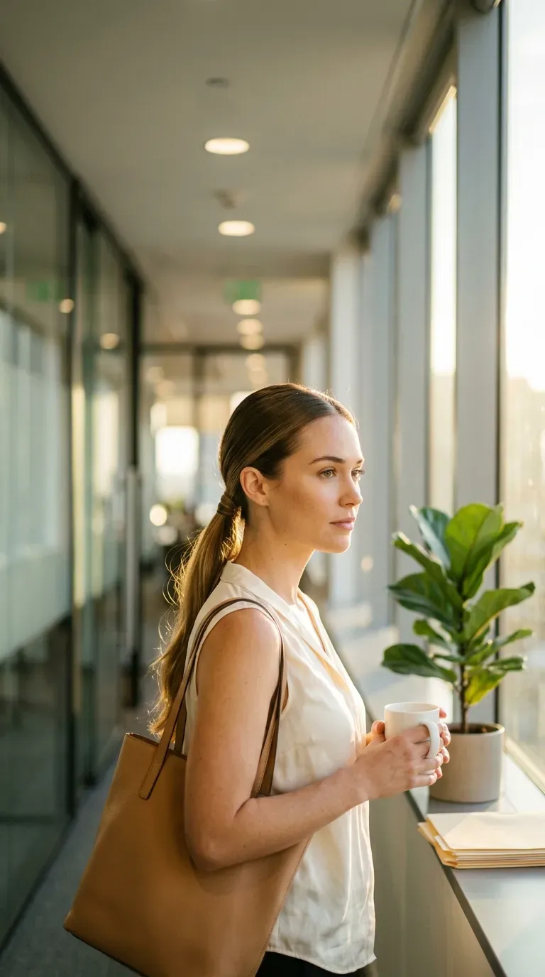 Office hairstyles for long hair, a sleek low ponytail seen from a three quarter view