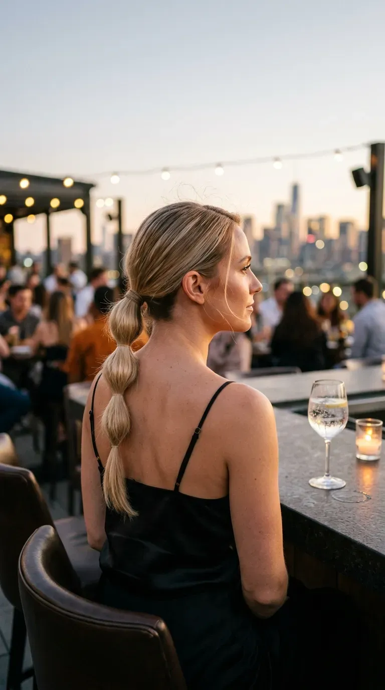 Three quarter view of a low bubble ponytail, one of the easiest office hairstyles