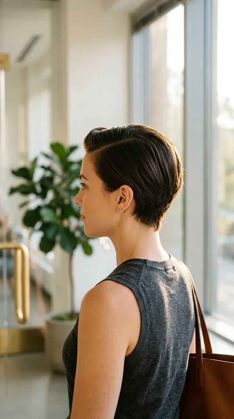Three quarter view of a slicked back pixie with a side part