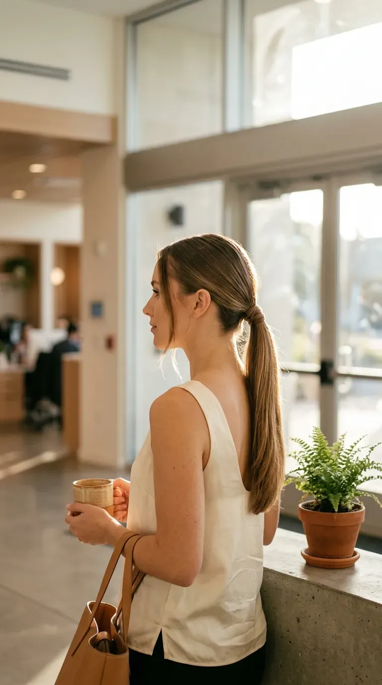 Three quarter view of a sleek low ponytail with wrapped base in an office lobby