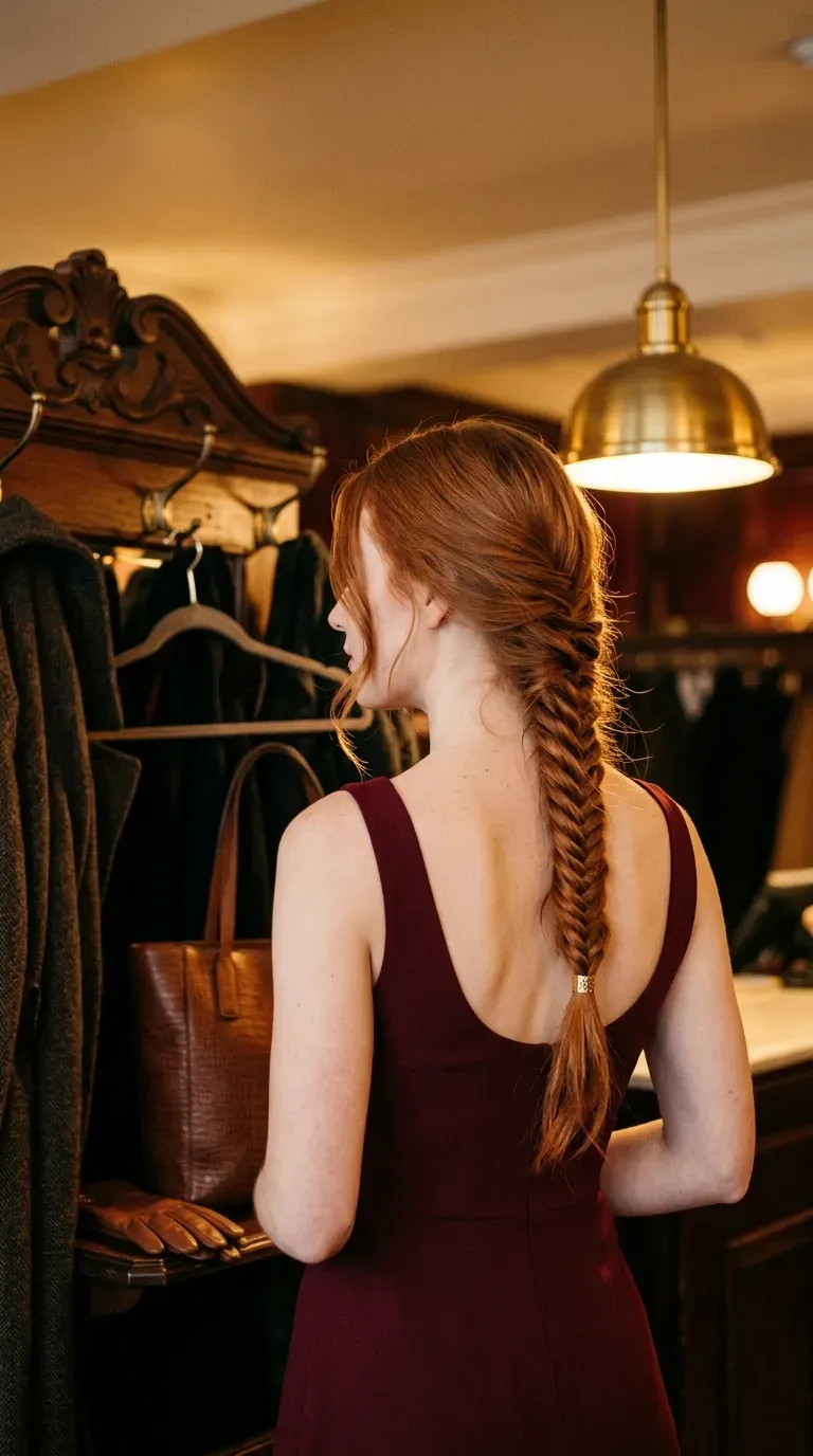 Three quarter back view of a loose fishtail braid with a metallic hair cuff