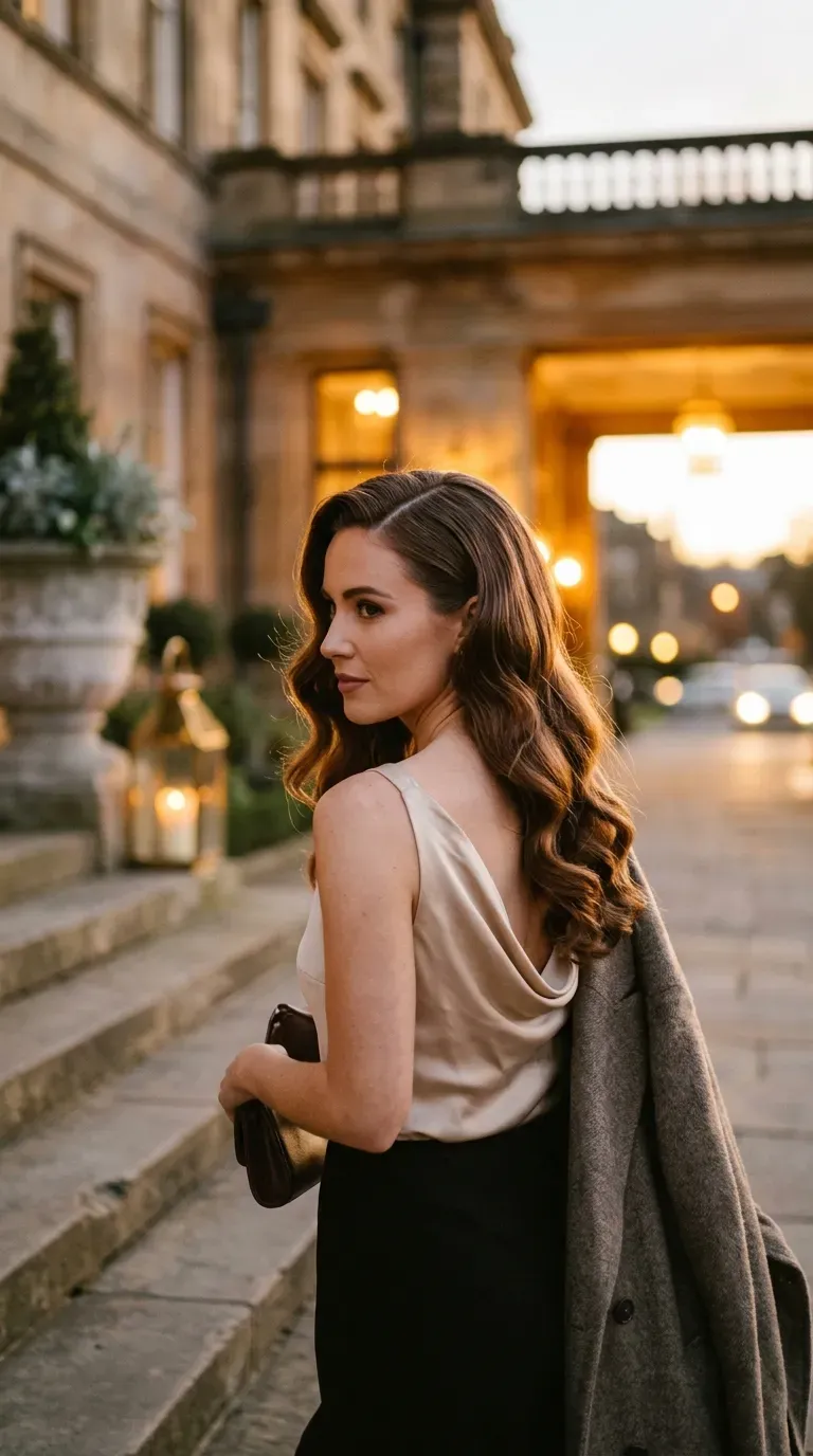 Over the shoulder view of old Hollywood waves, a polished office party hairstyle