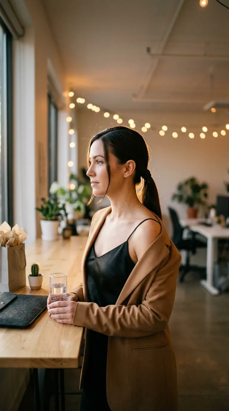 Three quarter view of a sleek low ponytail, one of the office party hairstyles