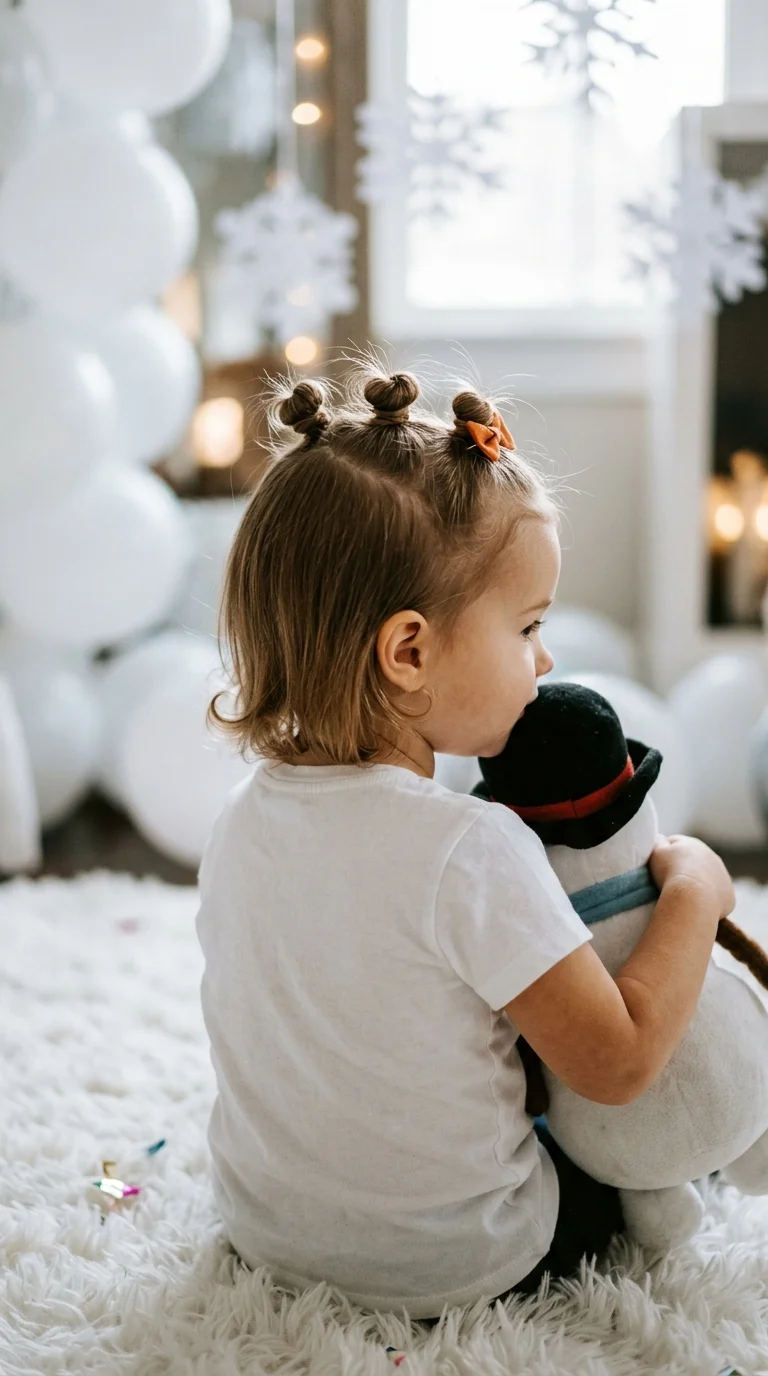 Three quarter back view of a toddler with three tiny stacked buns on short hair at a winter party