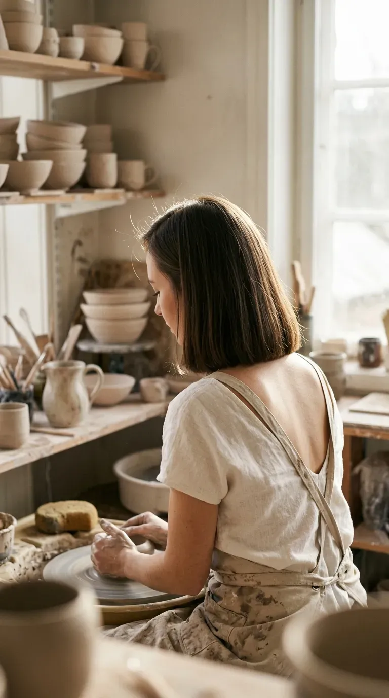 Three quarter back view of a one length lob on fine hair in a pottery studio