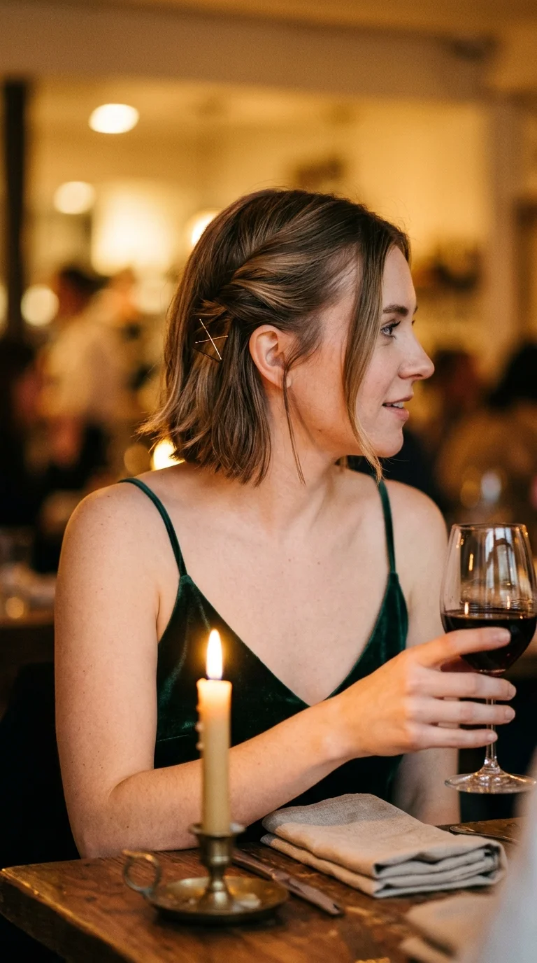 Three quarter view of dark blonde bob with one side twisted back and pinned