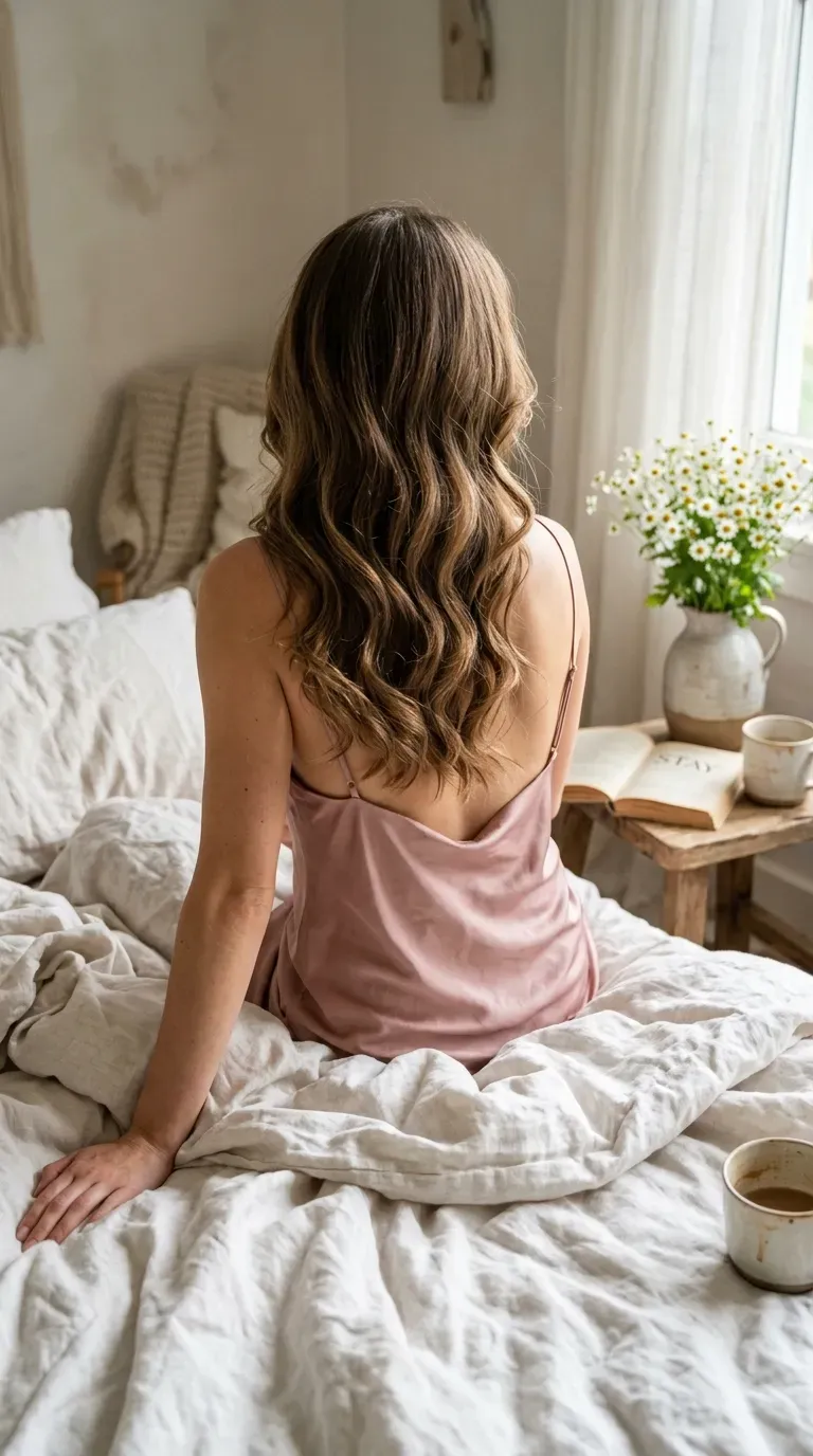Long brown hair with soft heatless waves seen from behind in a bright bedroom