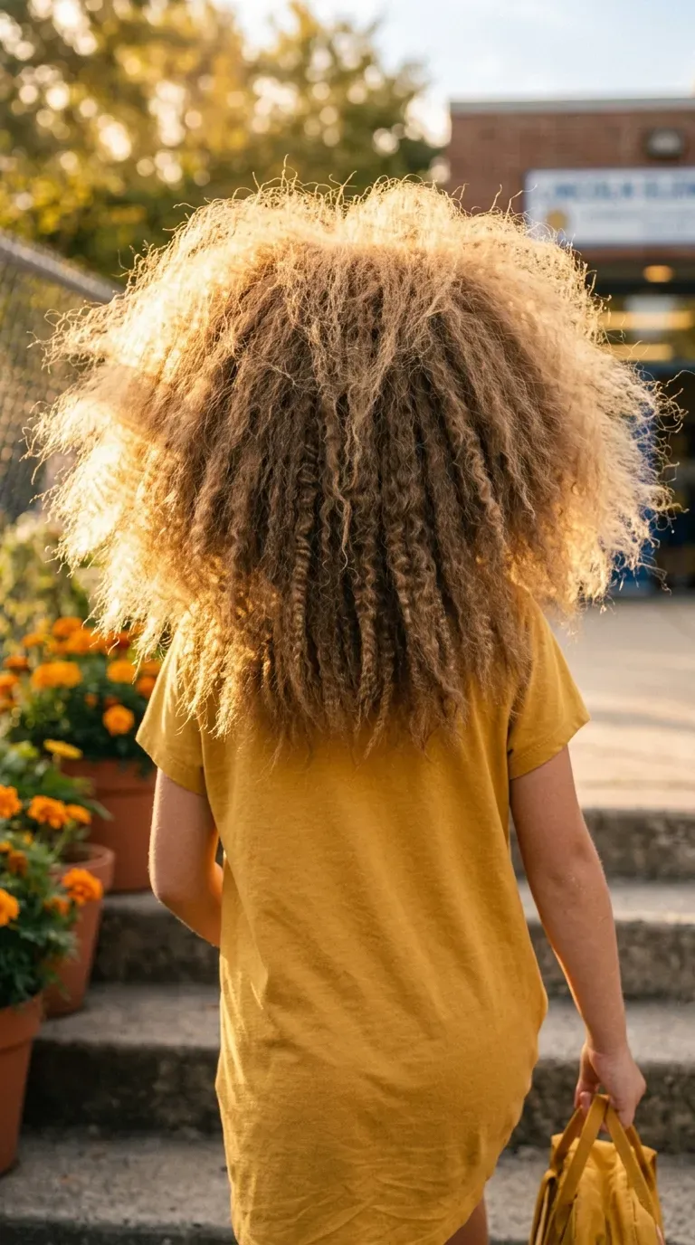 Huge crimped lion mane hair seen from behind at a sunny school entrance