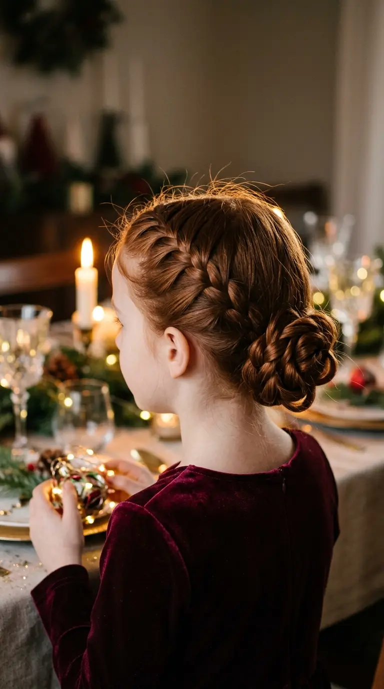 Three quarter back view of a girl with soft crimped waves from overnight French braids at a bedroom window