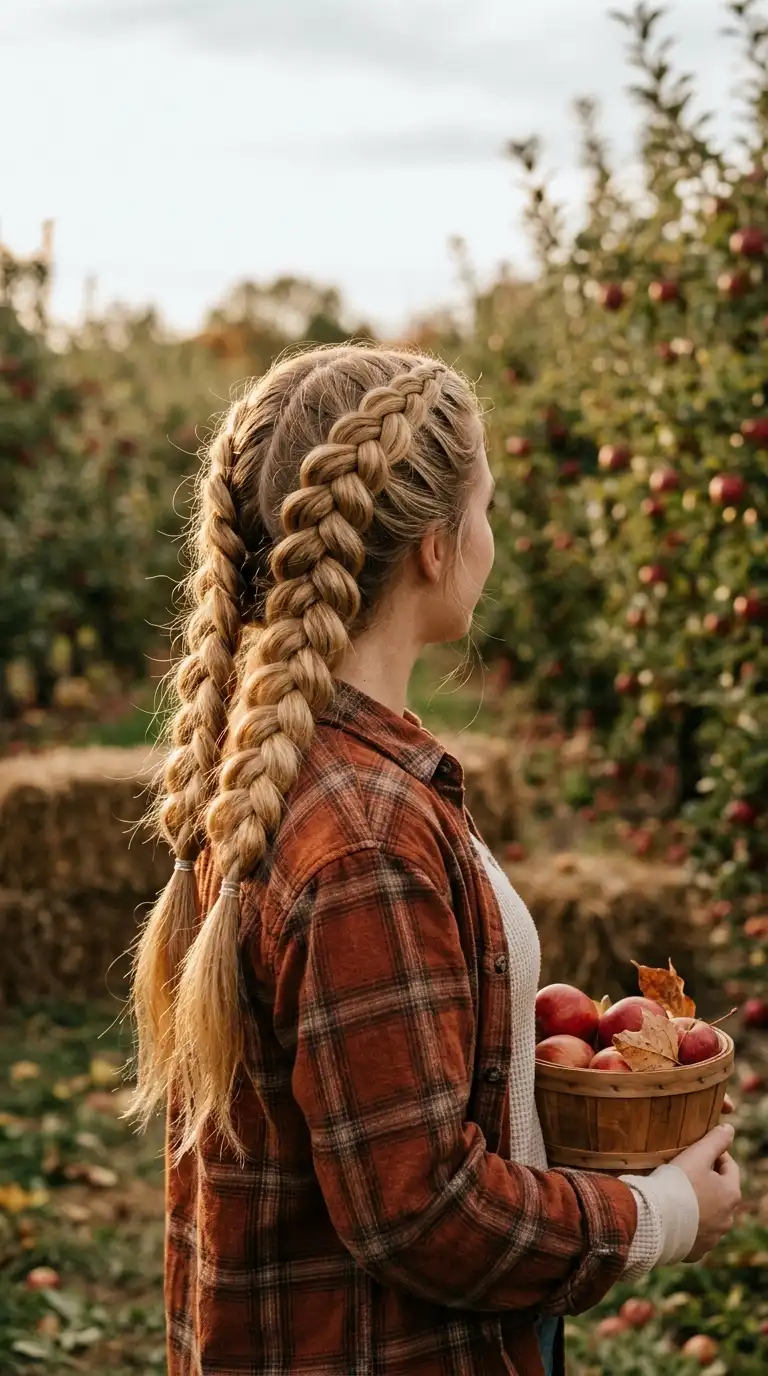 Back view of two wide puffy Dutch braids running from the hairline to the ends of long blonde hair
