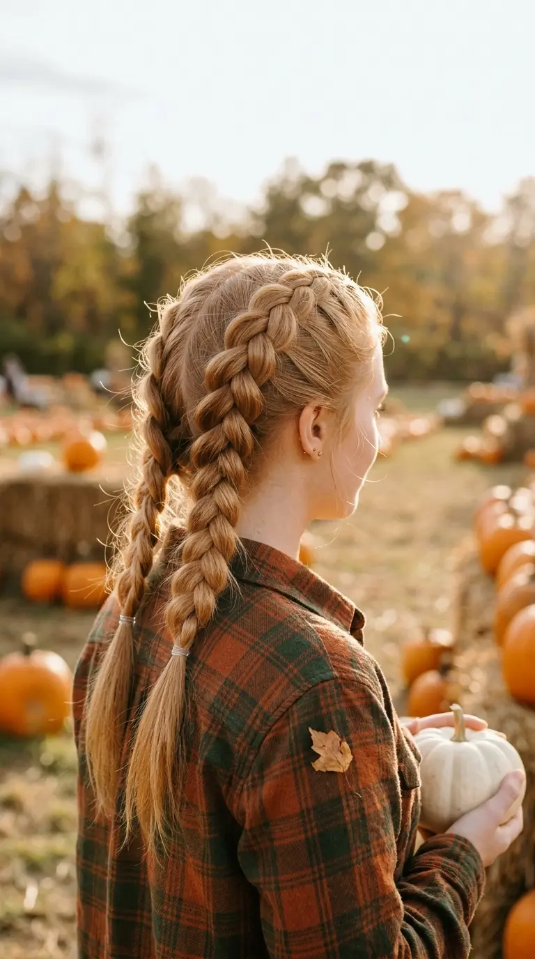 Back view of two wide pancaked Dutch braids on long thin blonde hair that look thick and full