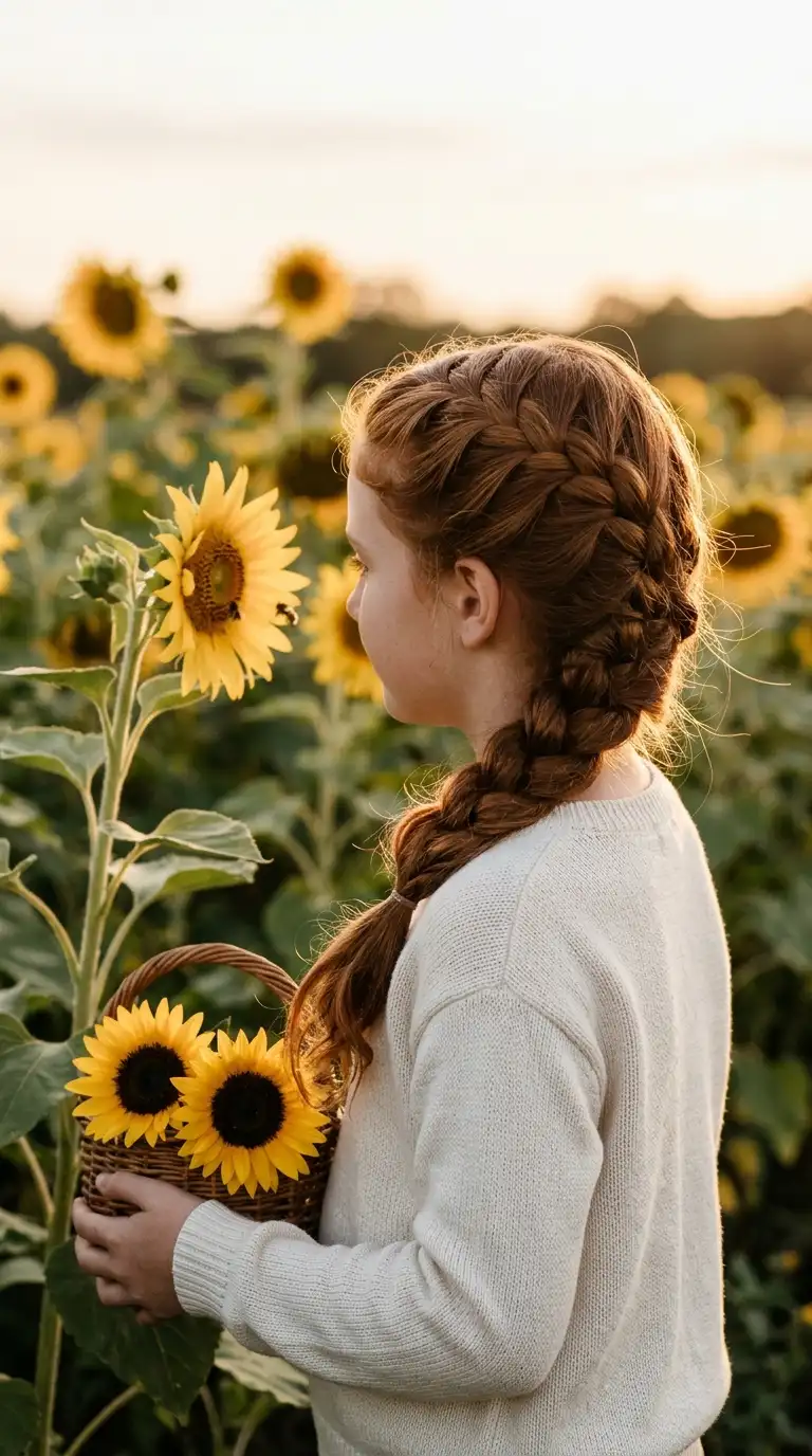 Three quarter back view of a girl with a loosened, full French braid at a beach boardwalk