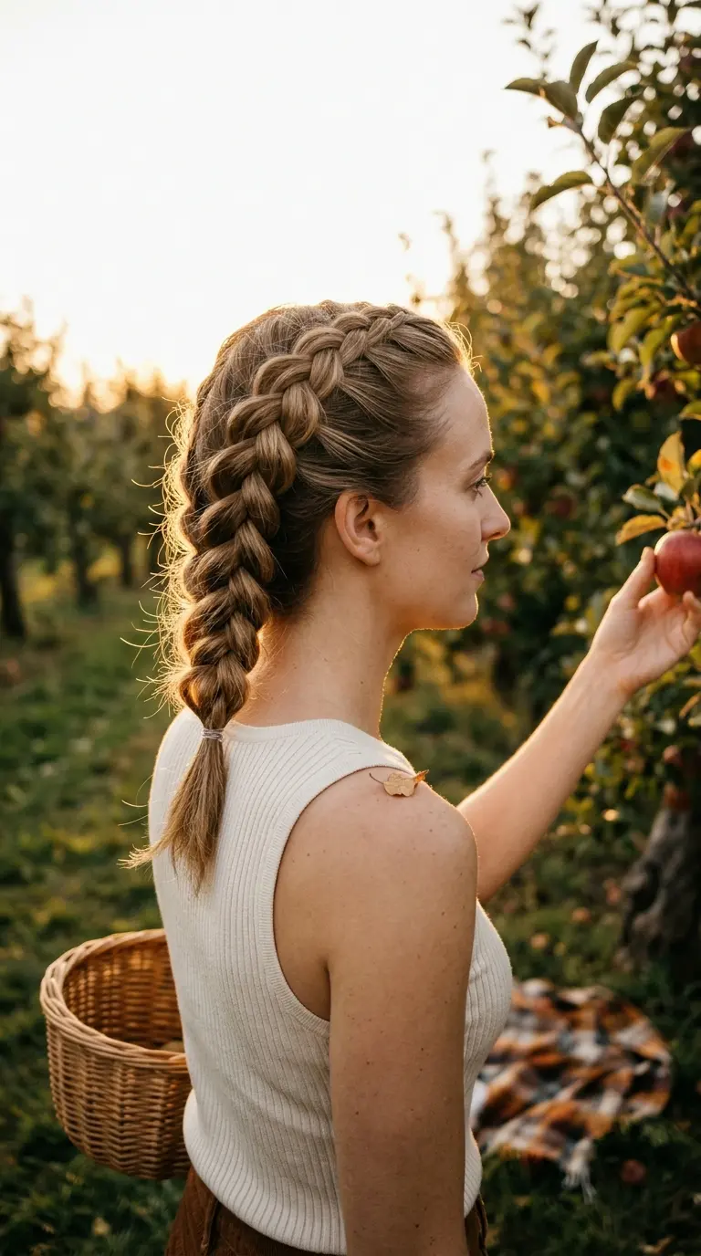 Side profile of a dark blonde pancaked French braid in an apple orchard