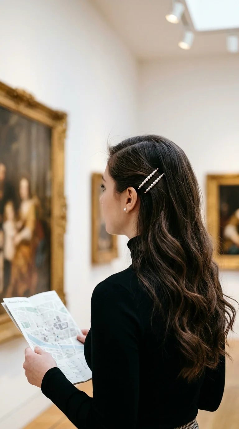 Side view of a deep side part with a row of pearl bobby pins holding the short side back above long waves