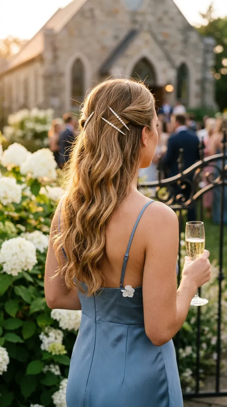 Long wavy hair swept to one side with pearl pins in an X shape