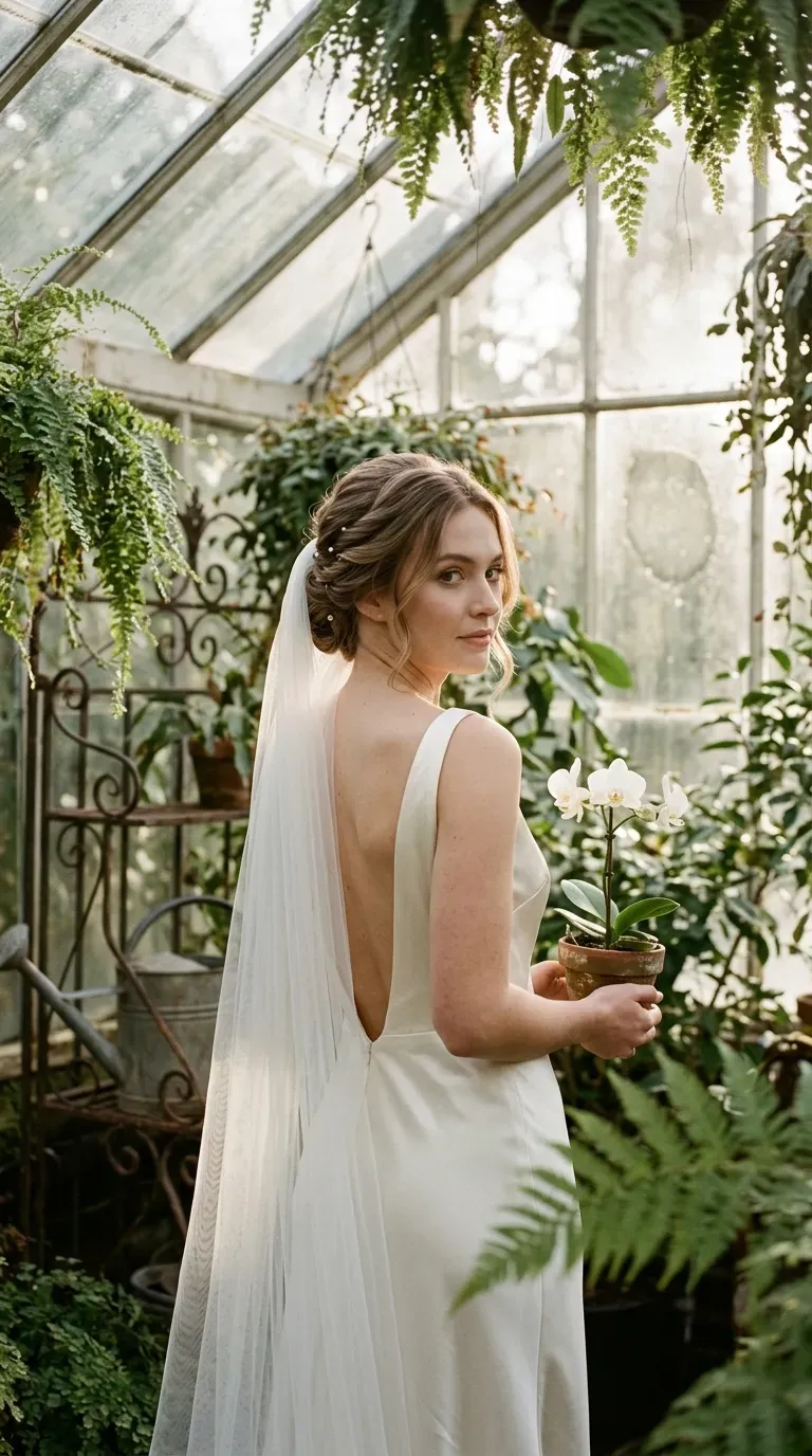 Over the shoulder view of a pearl pinned twisted updo with a long veil