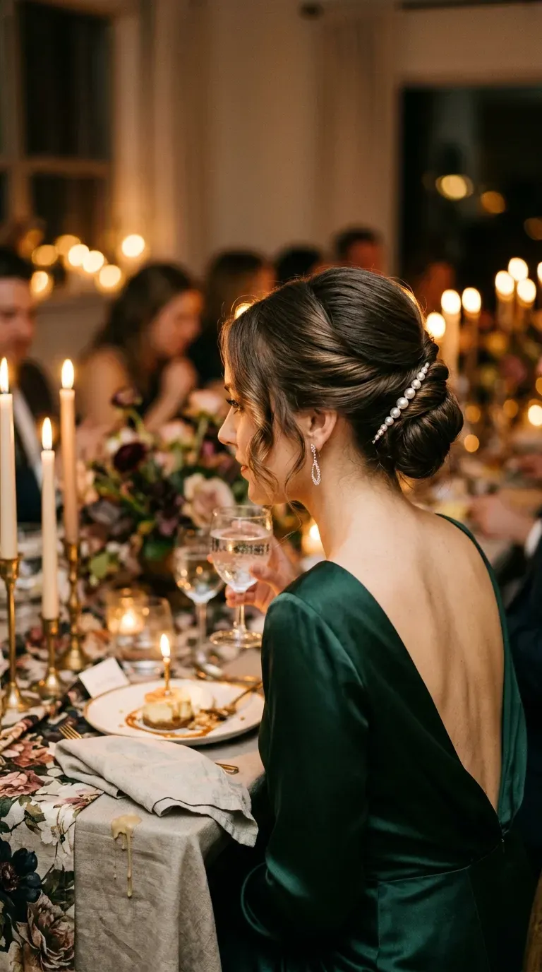 Three quarter back view of a twisted updo with pearl pins at a dinner party