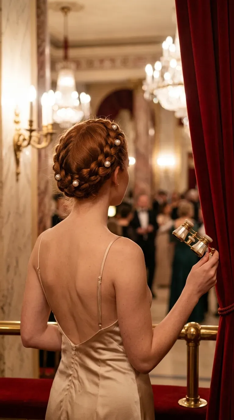Back view of a pearl threaded braid crown in a theater foyer