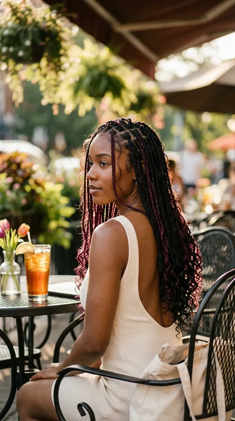 Three quarter view of black knotless braids with hidden plum peekaboo color and curls