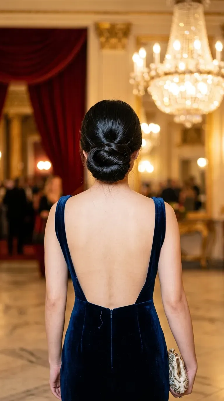 Dark brown hair twisted into a bun held with a yellow pencil at desk