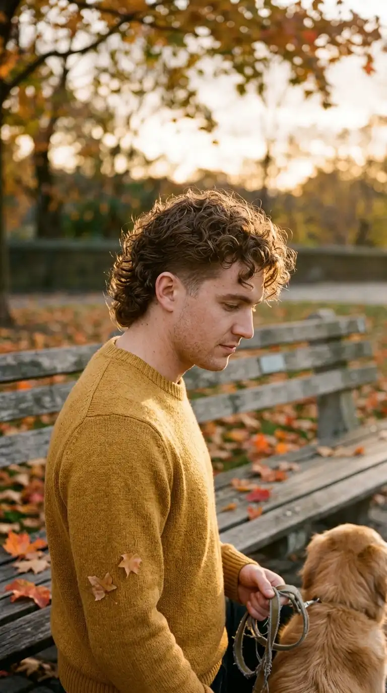 Three quarter view of a permed mullet with loose curls in an autumn park