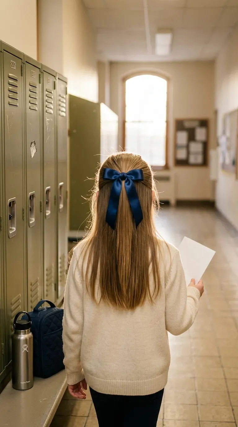Back view of a girl's half up picture day hairstyle tied with a ribbon