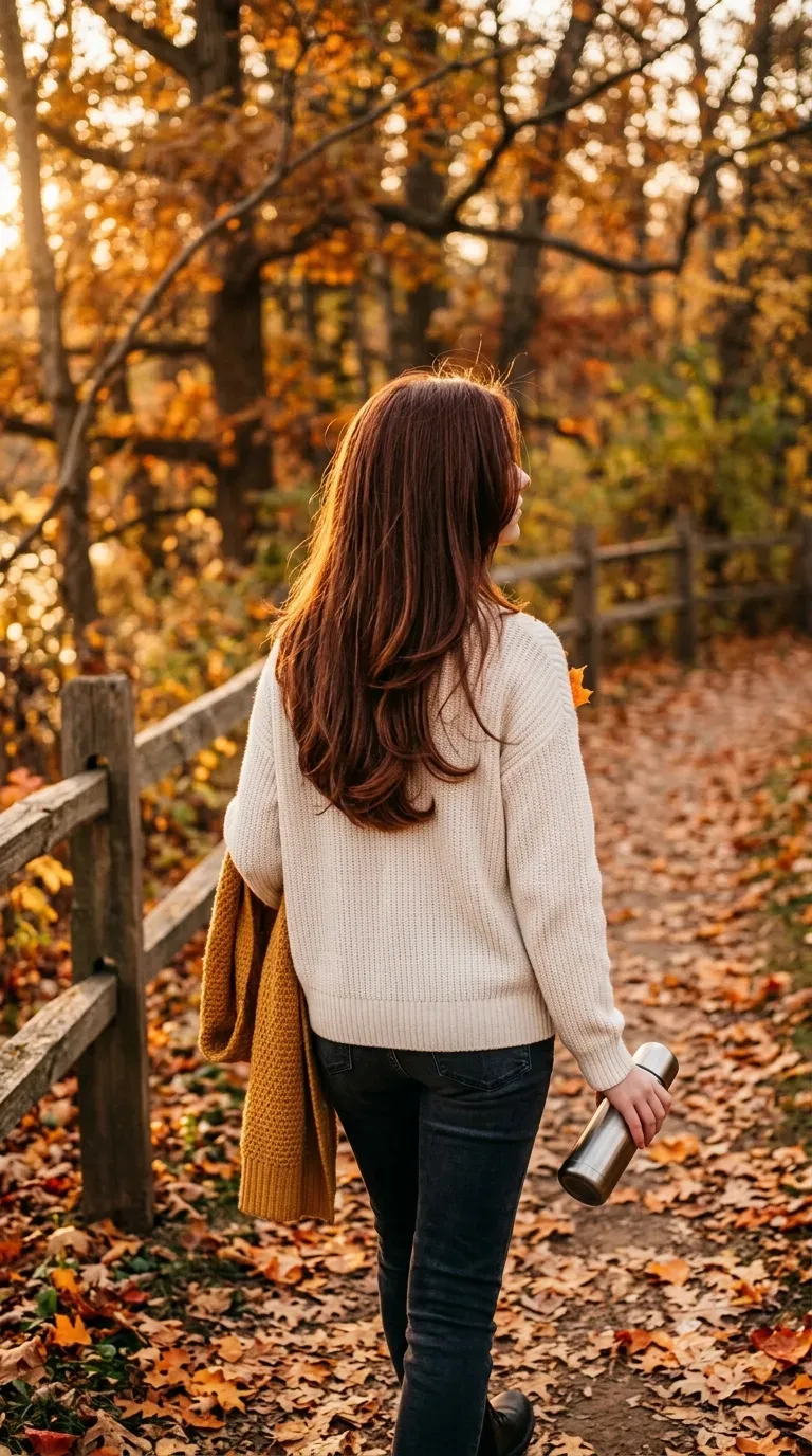 Long layered hair with a smooth round brush blowout in an autumn park