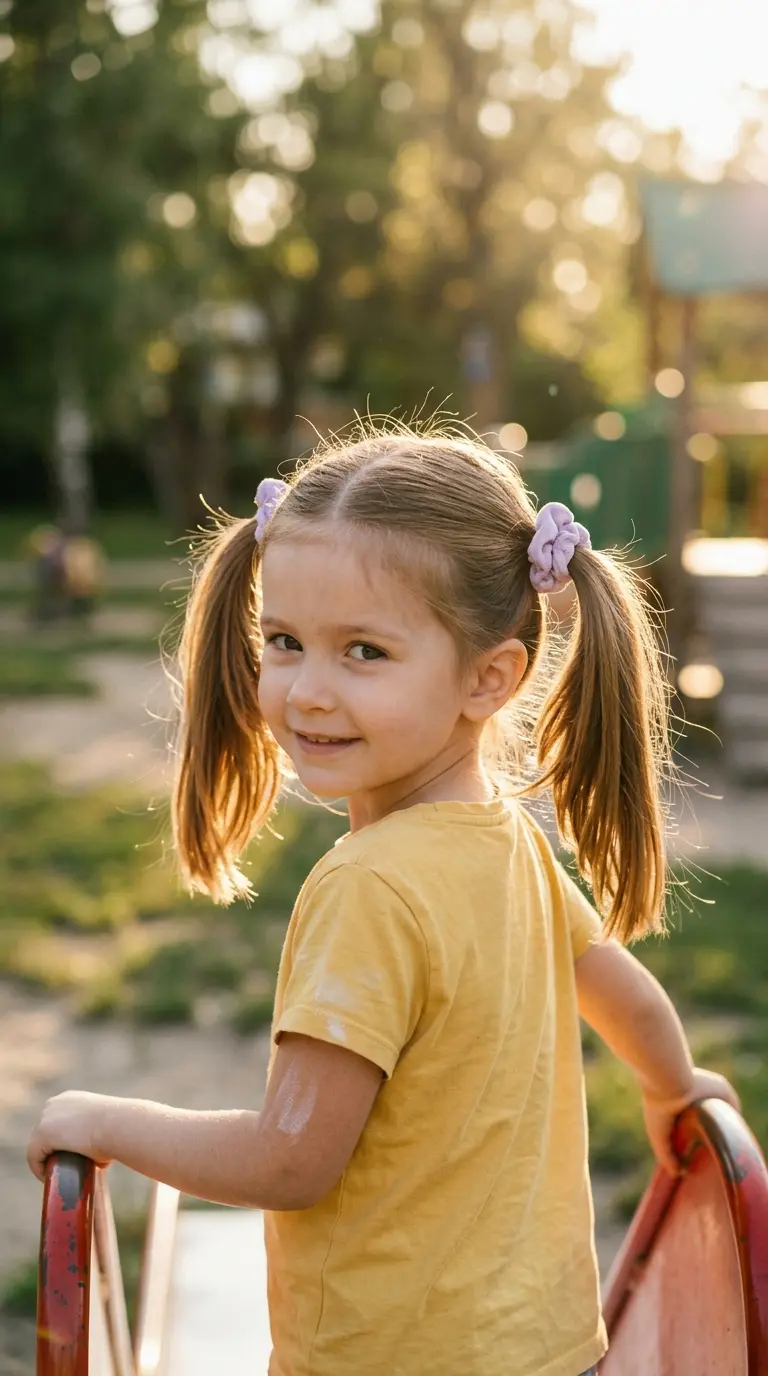 Pigtail hairstyles example, a little girl with two high pigtails and a clean center part on a playground
