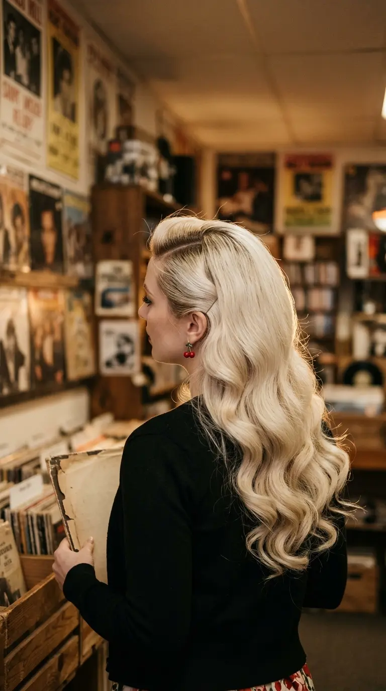 Back view of soft vintage waves brushed out from pin curls on long platinum blonde hair