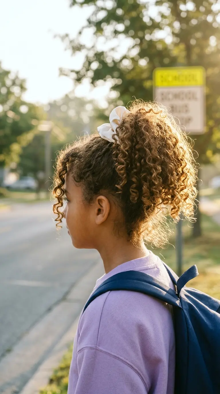 Three quarter back view of a mixed girl with a loose high pineapple ponytail of curls at a school bus stop