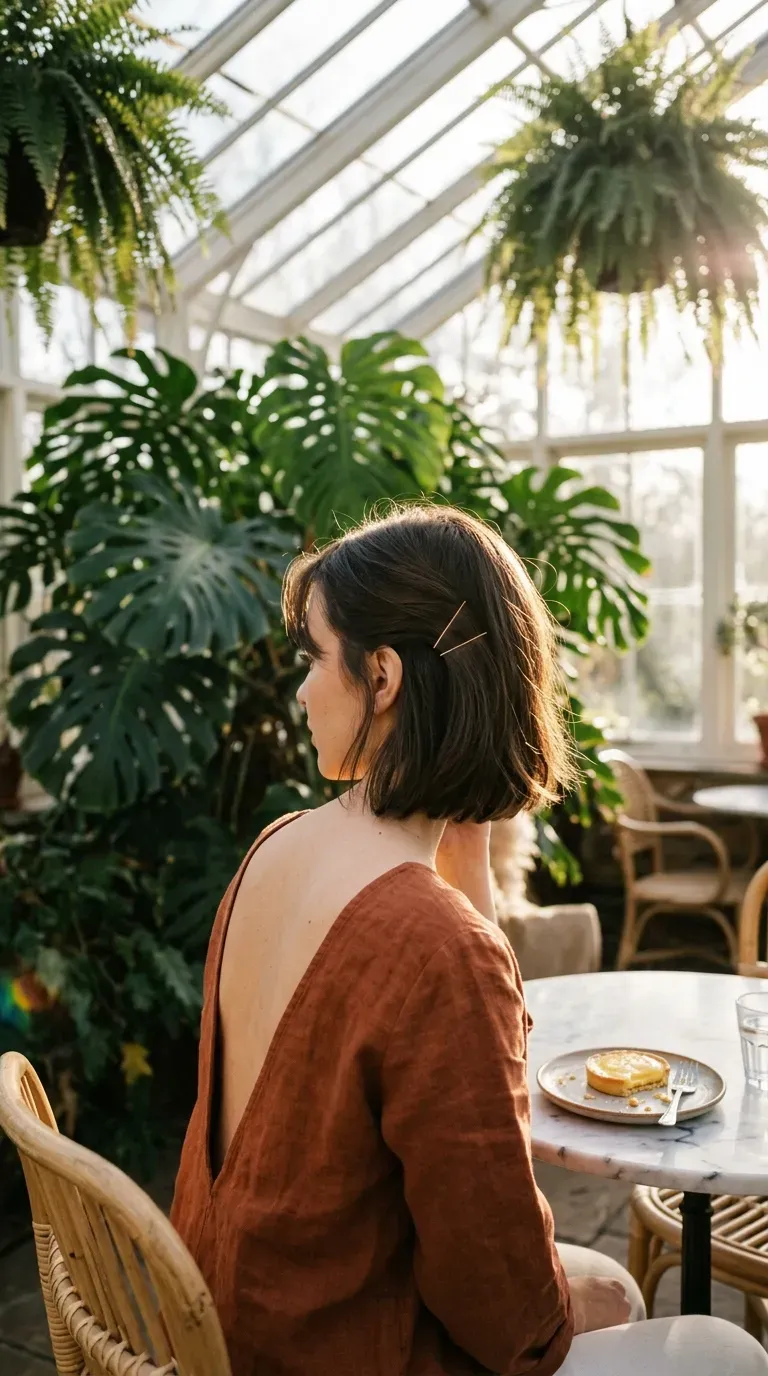 Three quarter back view of a chin length bob with pinned back sides